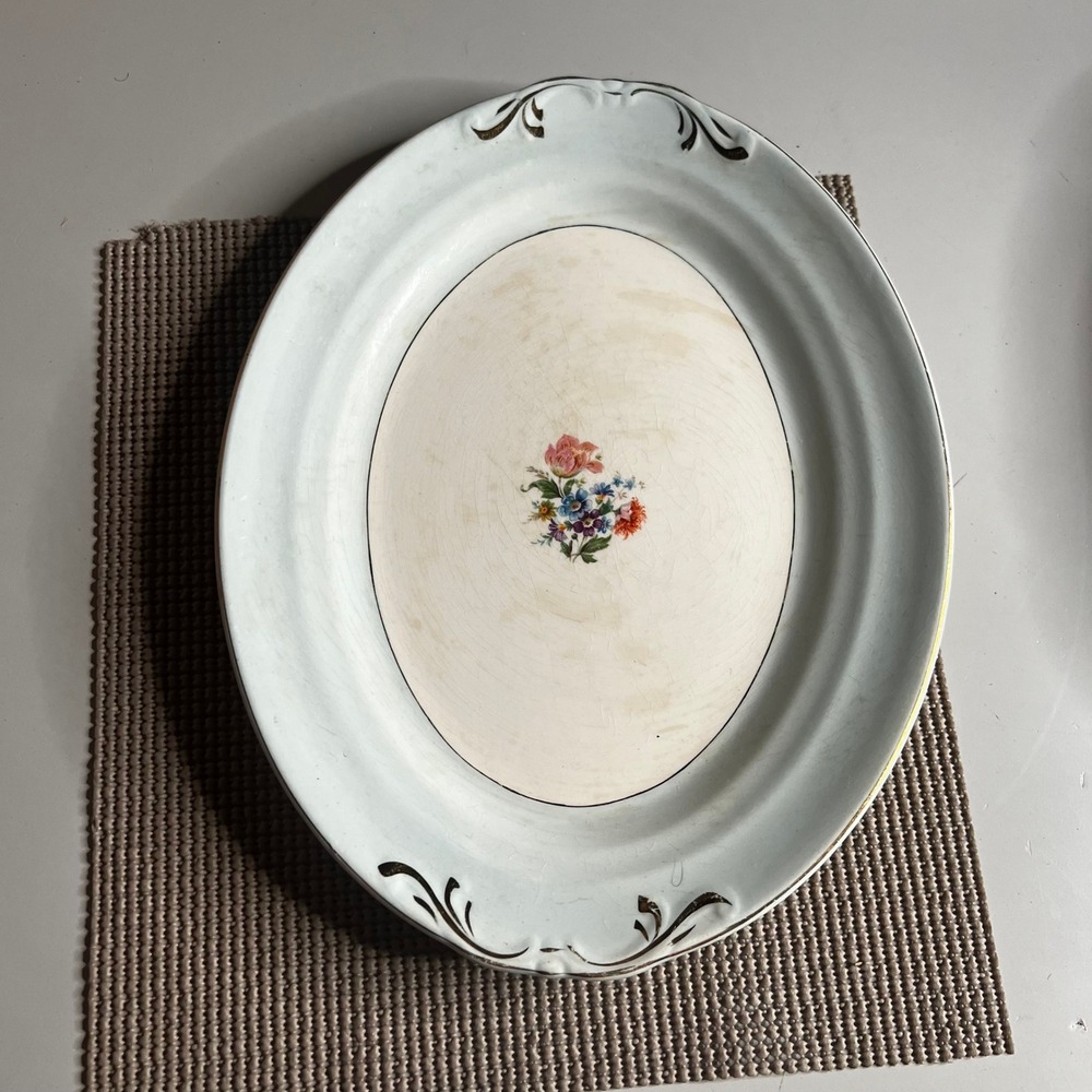 Vintage Crown Potteries Co Floral Oval Serving Platter Gold Trim Made in USA 13"